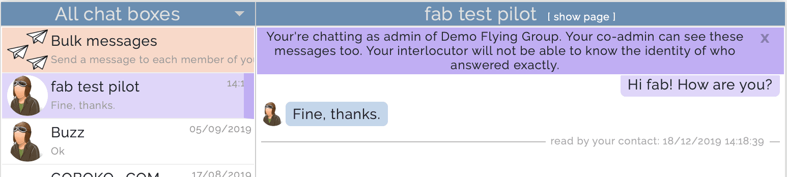 boîte de discussion chat pour un gestionnaire de groupe